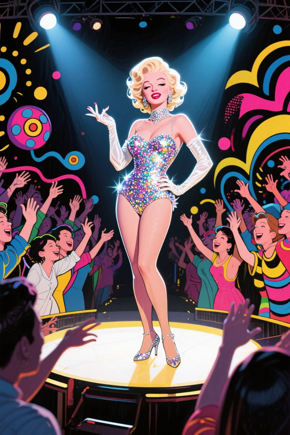 (Jayne Mansfield, age 25, extensive artistic body paint flower themed (only face and hands exposed)), doing an interpretive dance on stage, she is in spotlight, dancing like a flower in breeze