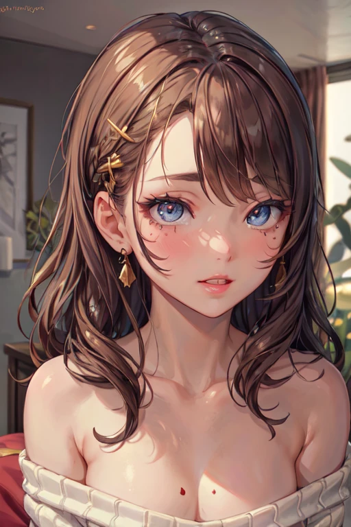 young girl, Long brown hair, Heterochromia, yellow and purple eyes, Naked, open breasts, ssmile, Masterpiece, hiquality
