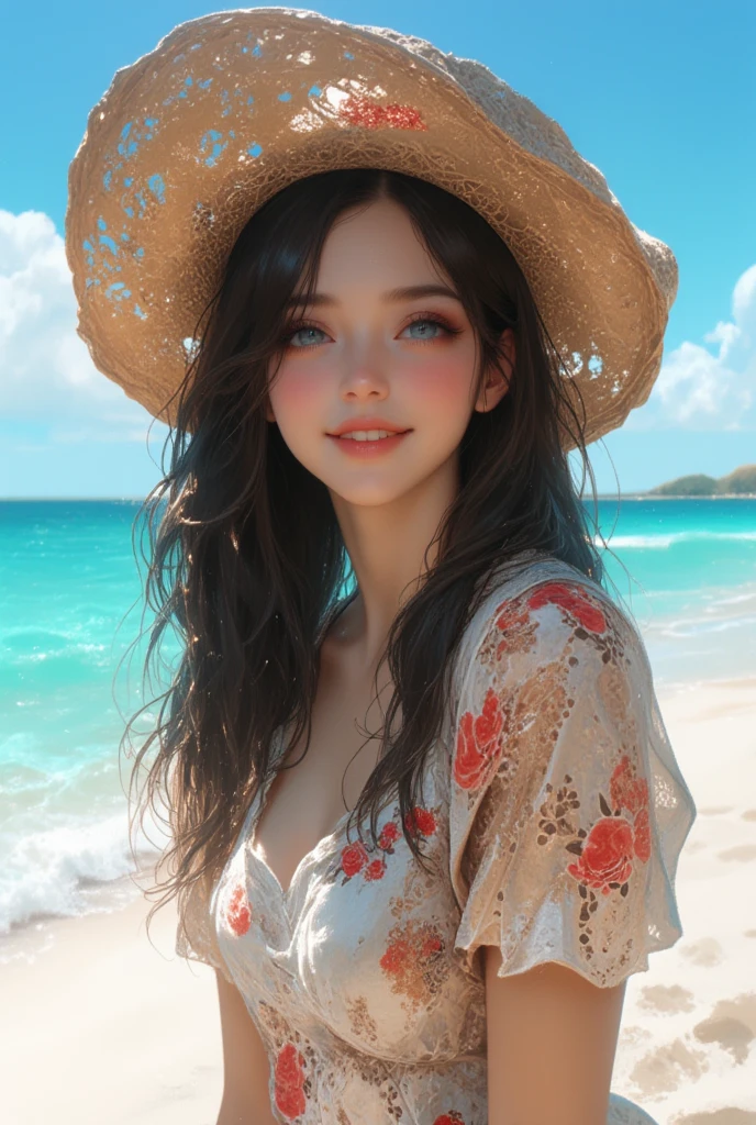 Beautiful European woman of 30 years old, long dark brown hair, brown eyes, small eyes, small nose, small lips. Skinny body, perfectly proportioned, sexy round breasts, sexy round butt, wearing a red bikini, with a silk scarf on top, by the beach under a palapa, instagram style photo, Emma Watson's style.