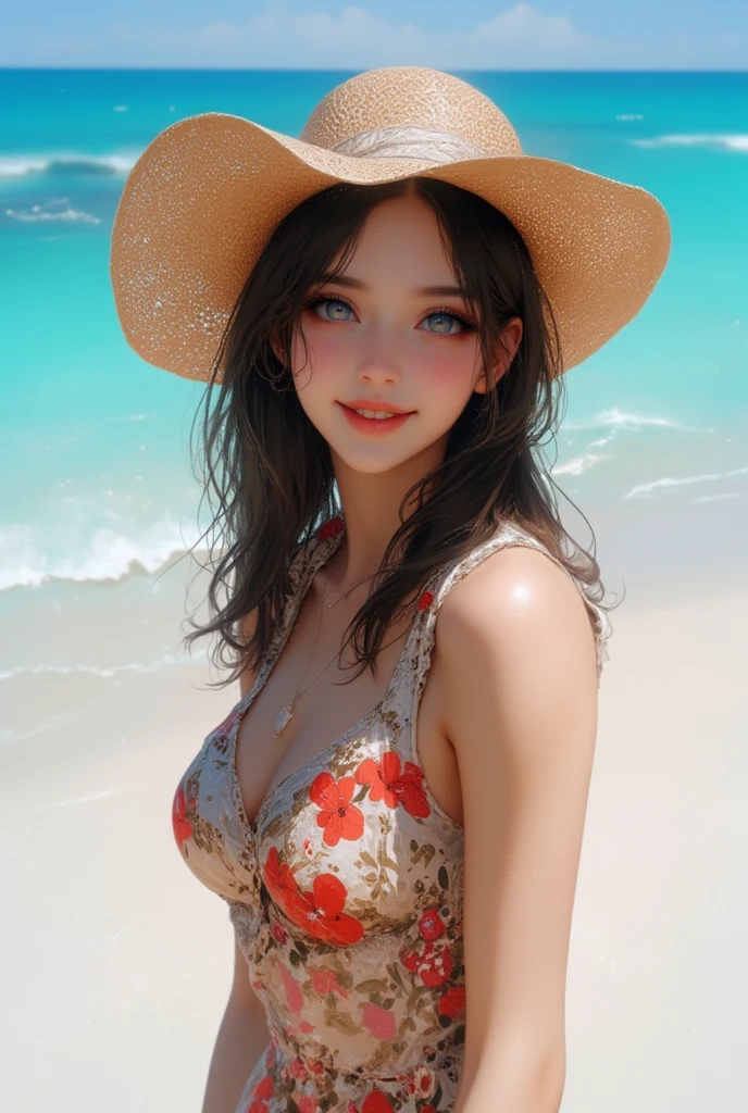 happy,burst smile,((Highest quality)),(超A high resolution),(Very detailed),(Detailed Description),((The best CG)),(masterpiece),Very detailed art、Very beautiful and beautiful woman、front facing, Small breasts、(((Whitening 1.5)))、Clear skin quality、(((Whitening 1.5)))White lace dress、Off the shoulder、Small straw hat、Sandy Beach、Ocean、