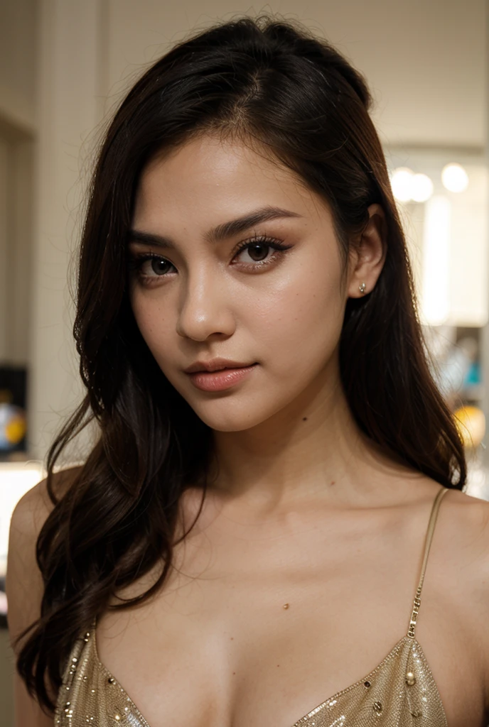 A highly realistic portrait of a 21-year-old Latina woman with medium brown skin and long, dark brown hair styled in soft waves. Her striking green eyes are full of life, standing out against her warm complexion. She has a natural makeup look, with subtle contouring and a hint of blush, complemented by a soft pink matte lipstick. She wears a simple, elegant top in a light color, with minimal jewelry. The background is softly blurred, focusing entirely on her face, with warm natural light bringing out the rich tones of her skin and the vibrant color of her eyes.