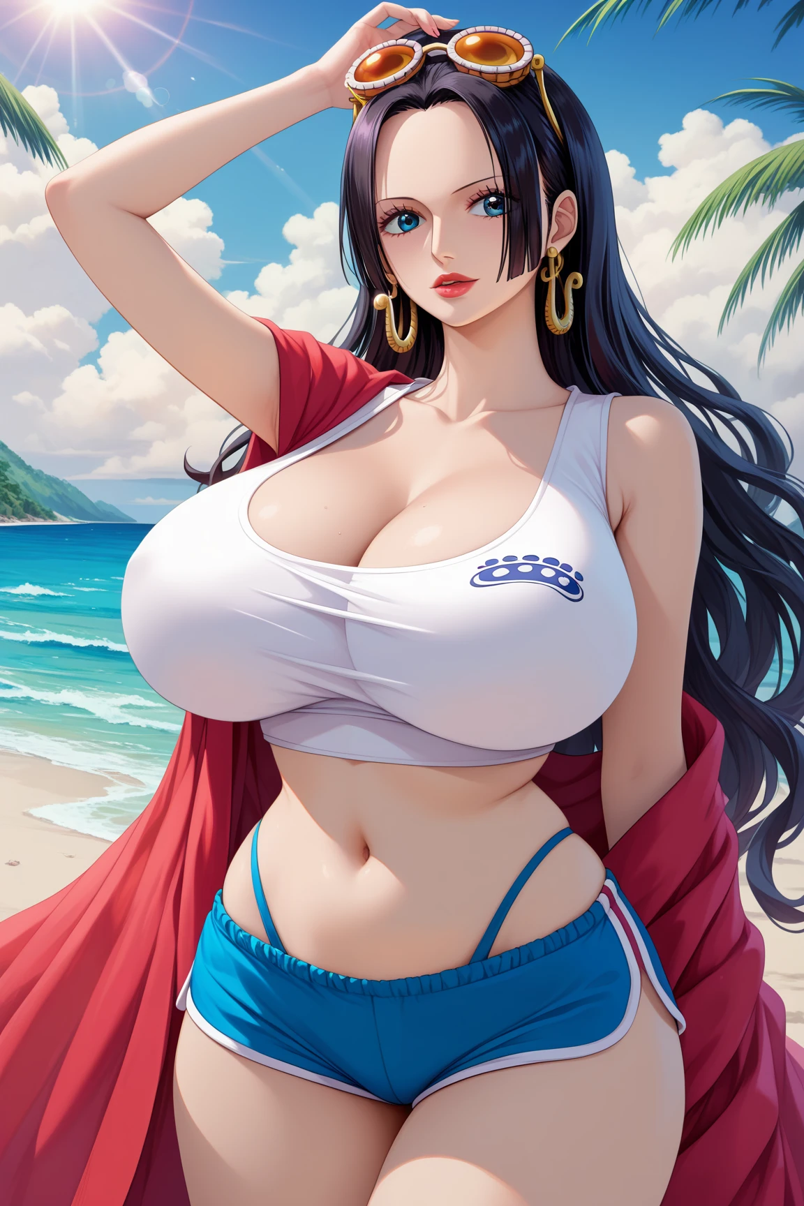 extremely beautiful nami1, nami, subtle makeup, photorealistic, high contrast, 8k HD, detailed, hyper-detailed, realistic skin texture, long hair, kimono, side slit, gigantic breast, best quality, ultra high res, raw photo, dramatic lighting, unreal engine, diffuse glow, dynamic pose, outdoor, realistic detailed pirate ship,