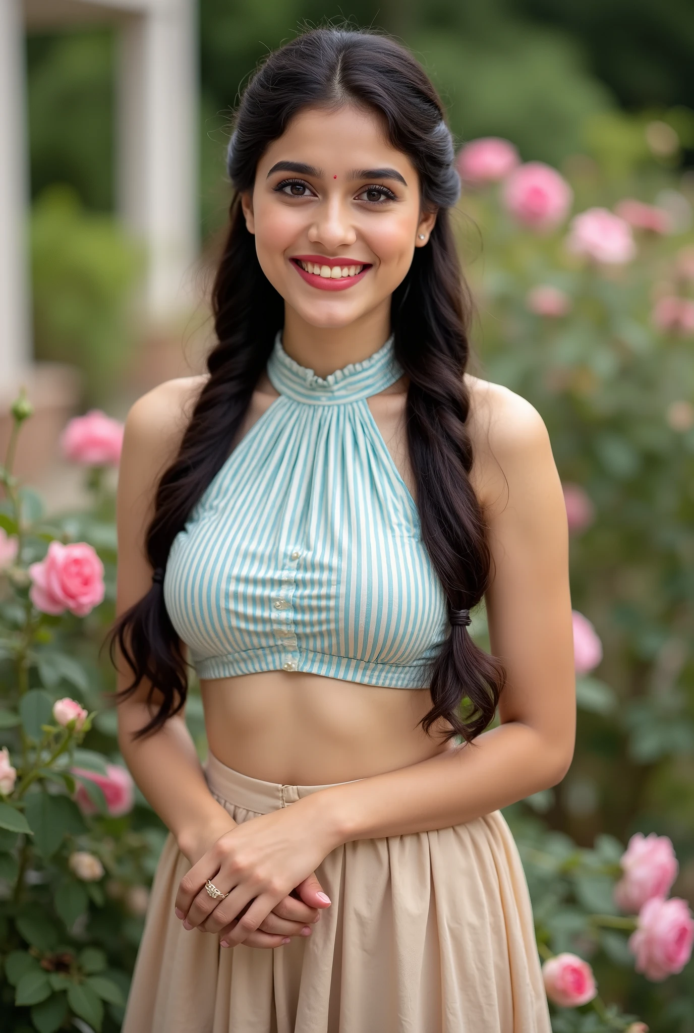 anaswarasdxl, nabhanateshukohwx, full image of a 20 years old girl, smiling, perfect facial features, golden ratio, Indian skin tone, natural blush, vibrant makeup, red lips, midriff. She is wearing a Cyan Striped Collared Halter Top & beige Tiered Skirt Co-Ord Set. Her hairs are dark, long, wavy and braided. Her eyes are detailed, bright, grey with long eyelashes. She is standing with crossed hands in a rose-garden. Hyper realistic, natural lighting, ultra-detailed textures, cinematic color grading, 8K resolution, masterpiece.