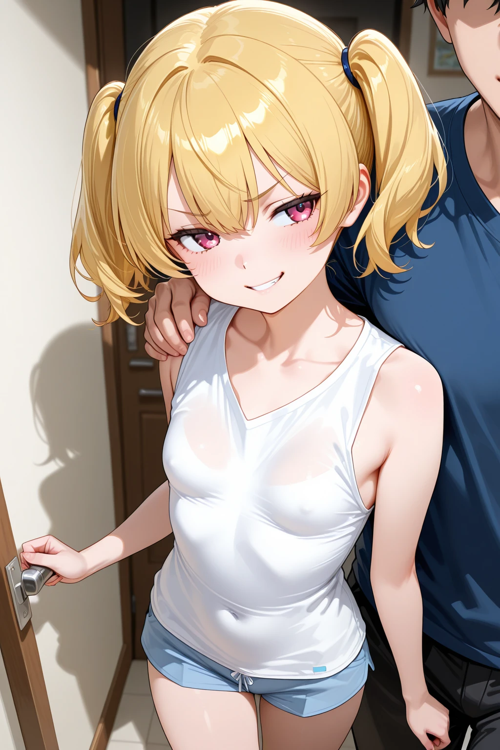 ((breasts showing), score_9, score_8_up, score_7_up, source_anime, rating_safe, , (realistic:0.6), , depth of field, 1girl, solo, sachi_umino, blonde ponytail hair, purple eyes, short hair, bangs, hair between eyes, close-up, apartment, indoors, dark, standing, spread legs, open mouth, horny faces, orgasm, ahegao, camisole, navel, she is hot and very swearty, wet body ,half naked, pussy, arms behind head, armpits, sweaty armpits, sex, 1 boy grab her breasts , cum in pussy, , open legs, nsfw:1.5, , cum on body, from behind, licking her armpits, standing sex from behind, vaginal, saliva,