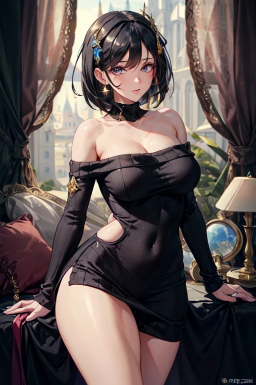High resolution,high resolution,Girl,Black Hair,Short Hair,Purple Eyes,Slanted Eyes,Bad mood,boyish,slender,Toned body,Luxurious Room,Ao Dai,Tattoo,,