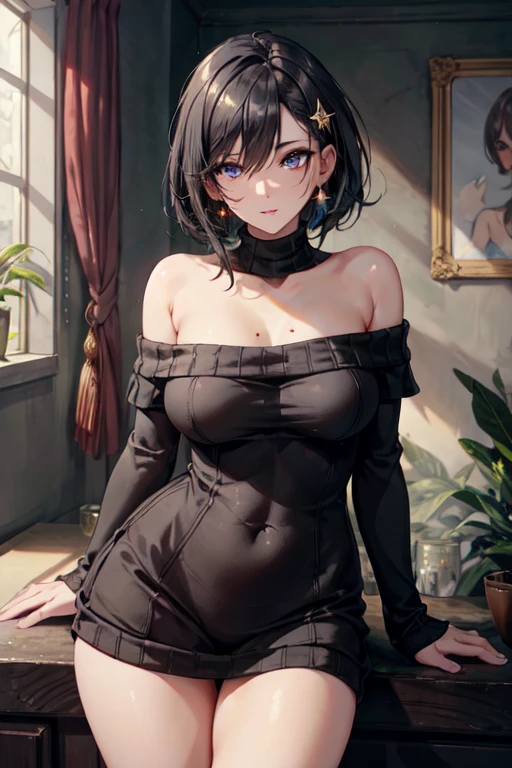 ((((masterpiece, best quality, high resolution)))), 1girl, bob cut, short wavy hair, blush, light smile, parted lips, glow, thighs, narrow waist, (masterpiece), (beautiful detailed face, beautiful detailed eyes), wide hips, (large breasts: 1.2), tight dress