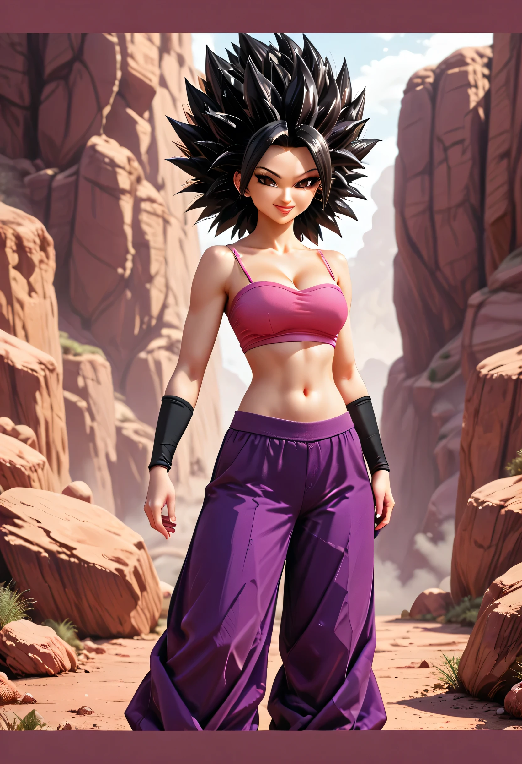 (caulifla), black hair, spiked hair, big hair, black thin eyebrows, brown eyes, black eyeliners, lips, closed smile, collarbone, cleavage, bra shoulders, (pink tube top), navel, midriff, standing, purple pants
