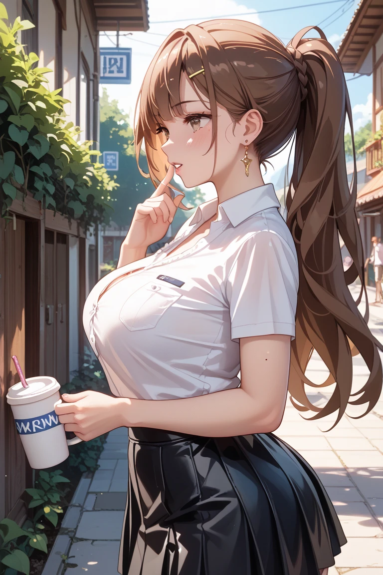 1.2, A pretty woman with perfect figure :1.4, Slender abs :1.2, ((Dark brown hair, Big breasts :1.2)), (White button up long shirt :1.1), City street:1.2, Highly detailed face and skin texture, Detailed eyes, Double eyelid