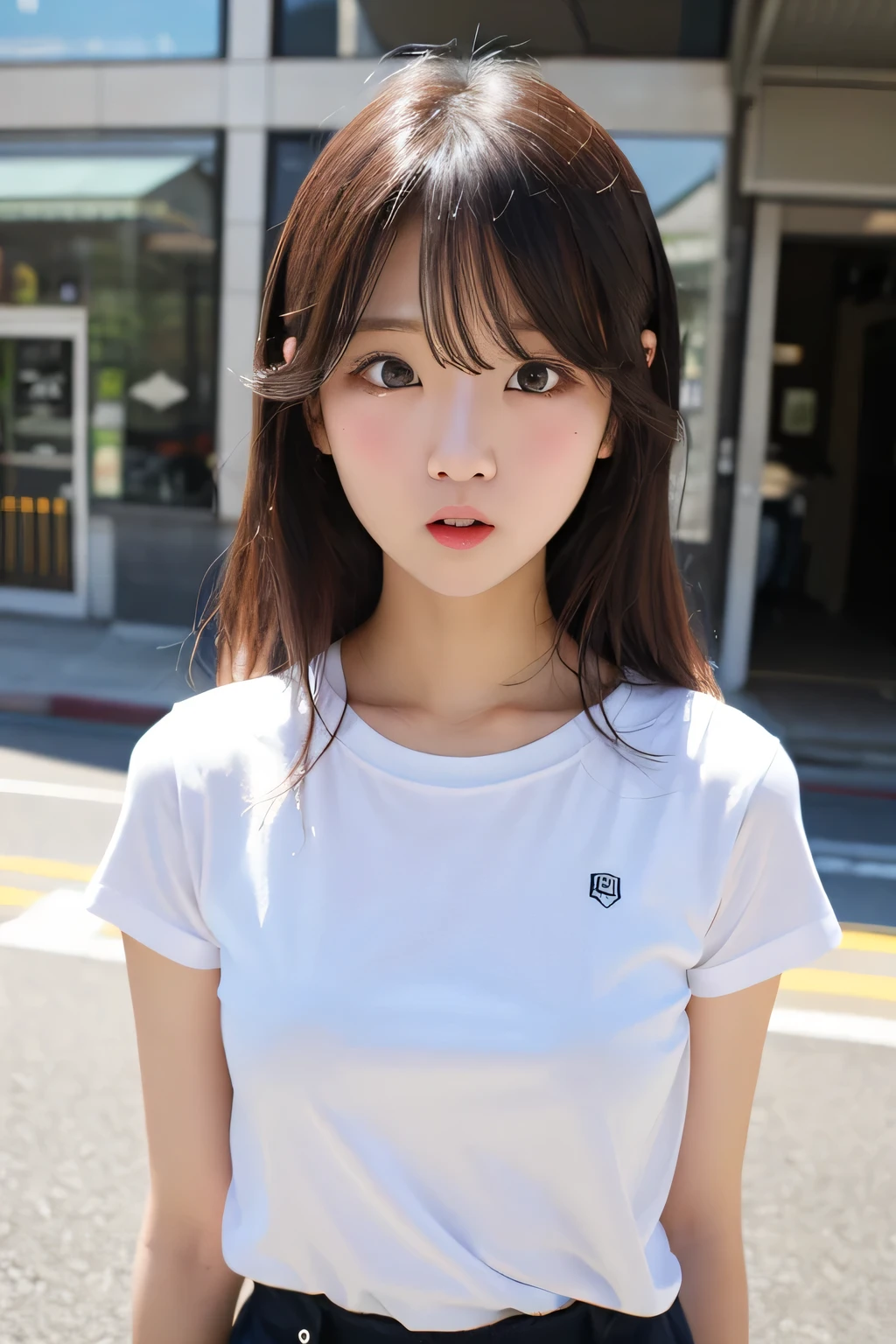Tabletop, Highest quality, shape, Very detailed, High resolution, 8k wallpaper, Perfect dynamic composition, One Japanese woman,Beautiful and beautiful eyes, Cute eyes,Large Breasts,(from below:1.2)Natural Lip, white T-shirt,(see-through nipples:1.1),bustling street,Very fine grain definition,(Round face),beautiful girl,17 years old,Realistic,Tiny bangs,Droopy eyes,A shy smile,Brown Hair,Aligned teeth,