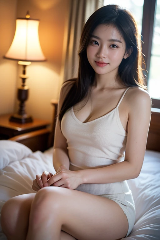 quality, masutepiece, 超A high resolution, (Photoreal: 1.4), Front view, Half body, western clothes, famous japanese actress, a very beautiful woman, Cute, Nice smile, Cinematic 35mm lens, F/1 .8, Accent Lighting, 8K, a room, Beautiful double eyes with equal left and right eyes, Hands down, poneyTail,hotels room