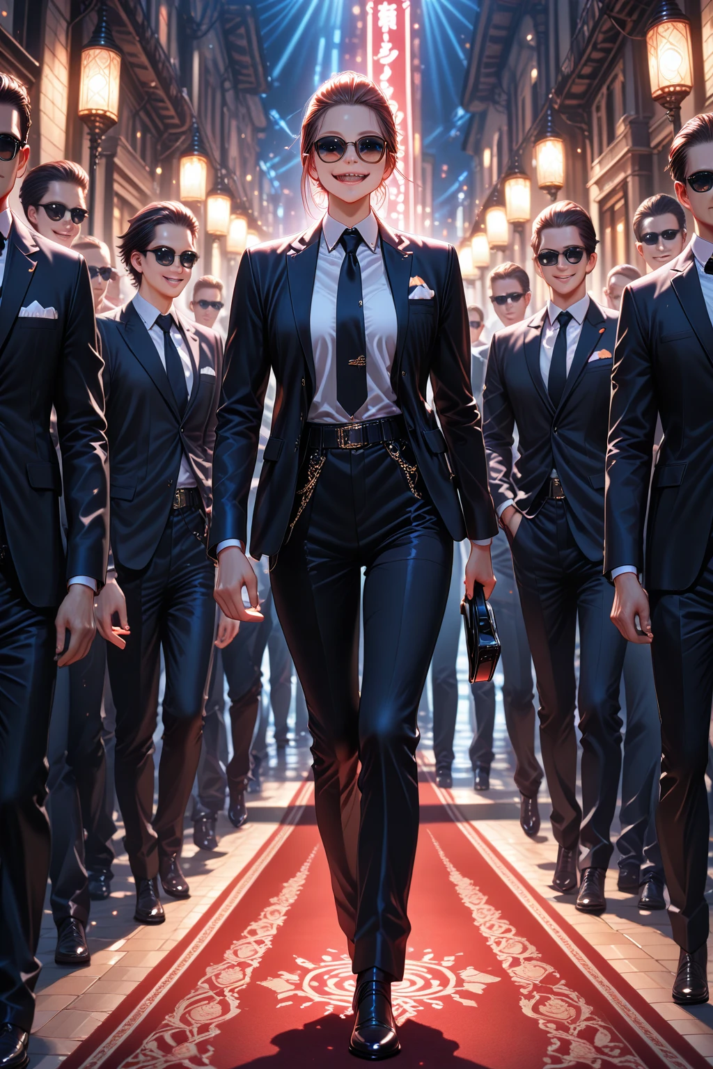 (Masterpiece), (Excellent), (Super Meticulous), (Full Body: 1.2), Super Young Man with Japanese Female Geisha, Pretty, Beautiful, Chinese Dragon, Tiger, Wind God Thor, Sexy, Bursting, Oriental Face, TV Anchor, Bust Portrait Illustration, Black Suit, Blue Tie, Slightly Chubby Face, Silver Glasses, Very Clean Face, No Beard on Chin, Black Super Short Hair, Black Eyes, Confident Smile, 3c Computer Sub-Products, iPad, iPhone, Digital Painting, 3D character design by Mark Clairedon and Pixar and Hayao Miyazaki and Akira Toriyama, the illustrations are HD illustrations in 4K resolution with highly detailed facial features and cartoon-style visuals.