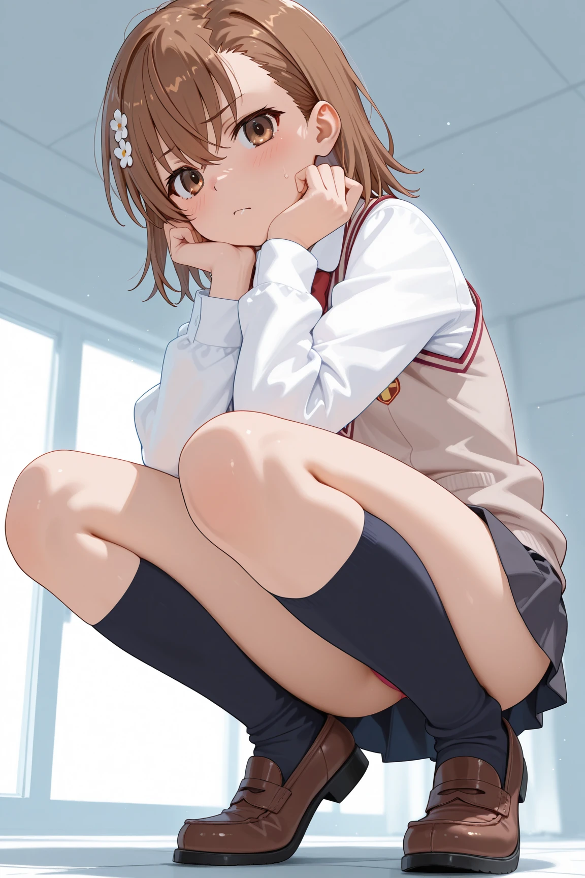 1girl, (suminoe_ako:1.3), sitting, (knees up:1.5), solo, blush, upper body, closed mouth, skirt, white shirt, (red necktie:1.0), looking at viewer, (brown:1.0), short sleeves, arms behind back, (white panties:1.2), small breasts, (covered nipples:1.2), nipple outline