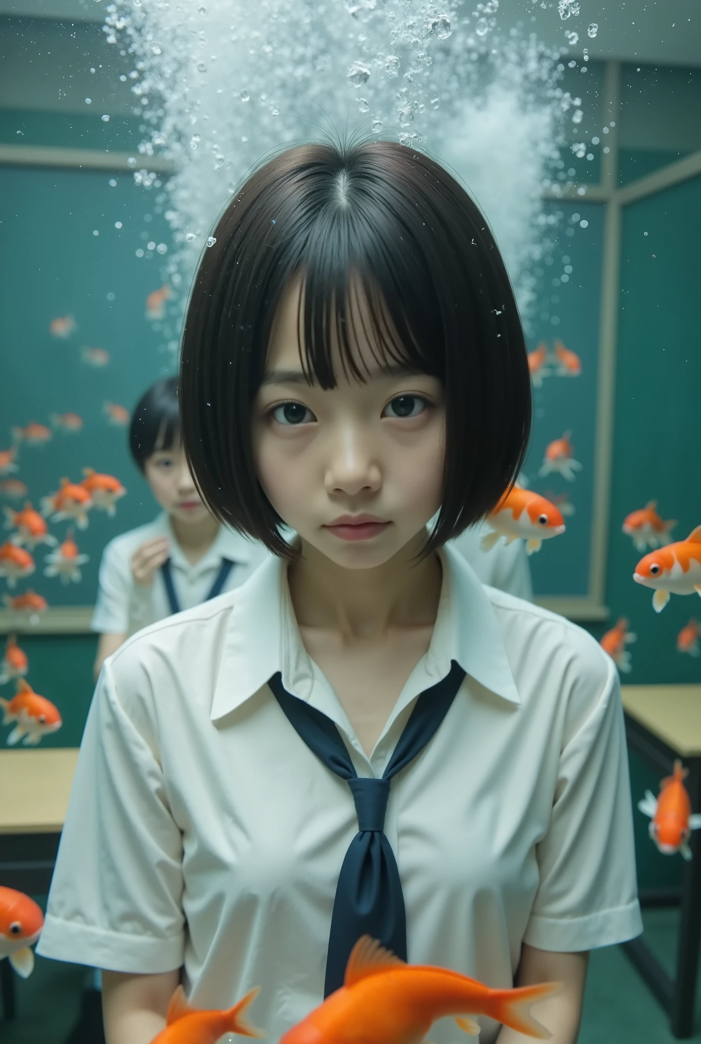 (8k), (best quality), RAW photo, (photo realistic:1.4), very detailed, cute, Very cute Japanese girl, without makeup,(are very thin), ((Straight Bob Cut)) , Her hair is shaking in water , ((floating in water)), school uniform, Underwater school classroom, machine,blackboard, lots of female students are sitting, A lot of goldfish are swimming, bubbles come out of their mouths and rise upward,is extremely fine, cinematic background with classy attire