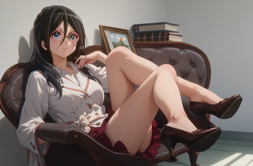 anime girl, sitting on desk, bare feet,  library, bookcases, black bra, black panties, long black hair, seductive smile, 18 years old, small breasts, thin hips, tall, nighttime, dramatic lighting, Rembrandt lighting, cinematic lighting, evening, nighttime