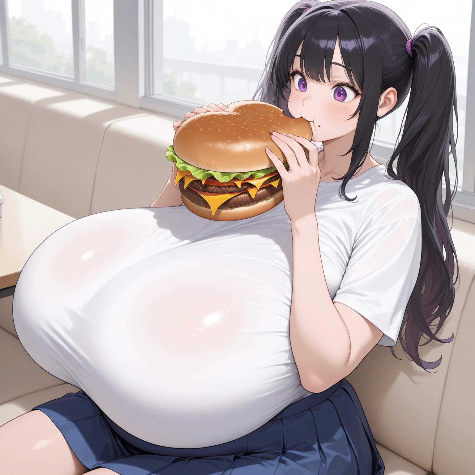 make brownhaired girl fat in 180 kg while she eating more fastfood