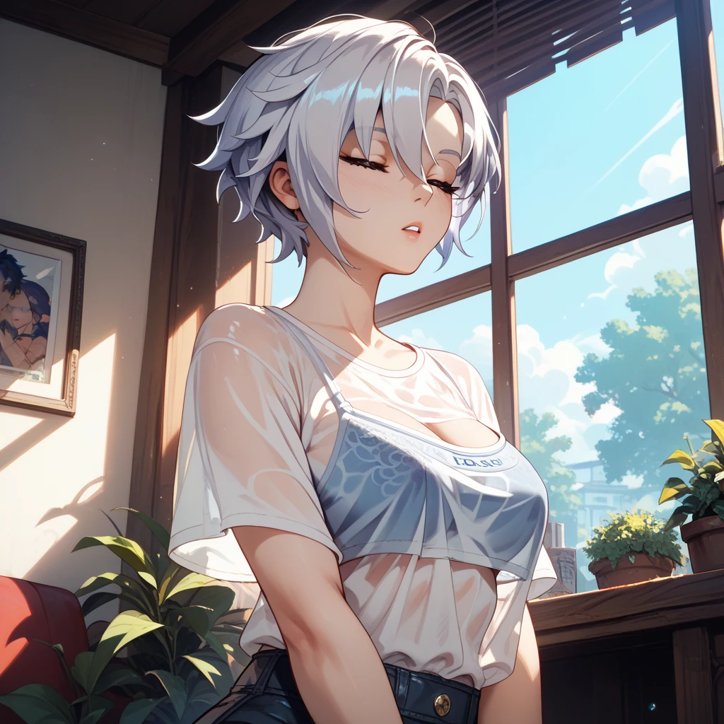 ((Best Picture Quality, 8k, tmasterpiece:1.3)), 1girl, Beautiful woman with slender abs:1.3, (Casual hairstyle, Leaky big breasts:1.2), Short dress:1.1, Super fine real human face, 詳細な目, 二重まぶた,ssmile,Home,Long legs,Bend your legs apart,Sit on the bed,Leaking panties