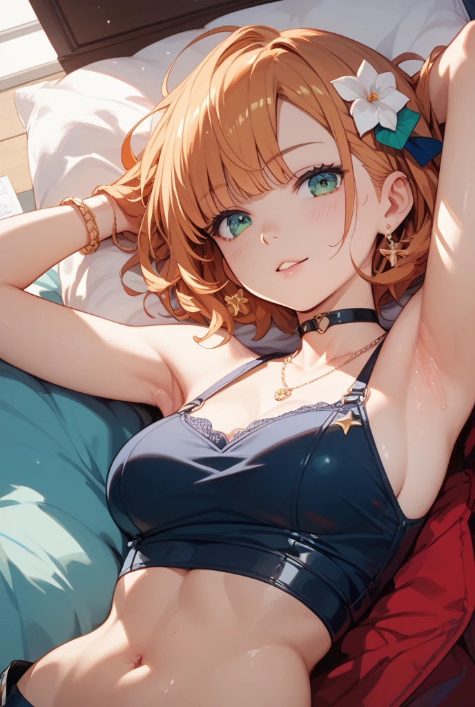 2d, masterpiece, best quality, anime, highly detailed, 1girl, solo, swimsuit , bangs,happy, multicolored hair, (masterpiece:1.2), highres, best quality, 8k, sea background,masterpiece, best quality, highres, bikini, bikini skirt,medium breasts,  ocean, wet, beach,yellow hair , blue eyes, close up,cowboy shot, masterpiece, best quality, highly detailed, masterpiece, best quality, 1girl, solo, barefoot, blue shirt, long sleeves, blush, feet, toes, looking at viewer, , Naked, NSFW, (high resolution), (masterpiece:1.6, best quality), (finely detailed beautiful eyes: 1.2), ultra-detailed, (extremely detailed CG unity 8k wallpaper), (masterpiece), (best quality), (ultra-detailed), (best illustration), (best shadow), (absurdres), (detailed hand), solo, looking at viewer, smile, presenting armpit, armpit, arm up, lumen reflections, natural lighting, evocative, triadic color scheme, cowboy shot, elegant, voluptuous:0.6, looking at viewer, female, solo, blush, open mouth, smile, teeth, bare shoulders, arms behind head, navel, solo, barefoot, looking at viewer, thighs, parted lips, arms up, topless, 1girl, armpits, (small breasts), ((naked)) (nipples), Exposed side breasts, raised arms showing sweaty armpits, shy, (intricate details), colorful, full-body portrait, capture excellent full-body shots, (white bed sheet:1.2), dakimakura, lying on bed, detailed feet, on back, (crotch), (groin), (finely detailed eyes and detailed face:1.3), (skindentation), lustrous skin, wide hips, anime nose, toddler face, (tsurime:1.3, eyeliner, sharp eyelashes:1.2, solid eyelid), messy hair, unkempt, (wet body), (dripping sweat), choker, bare shoulders, see-through, smiley face, naughty face,