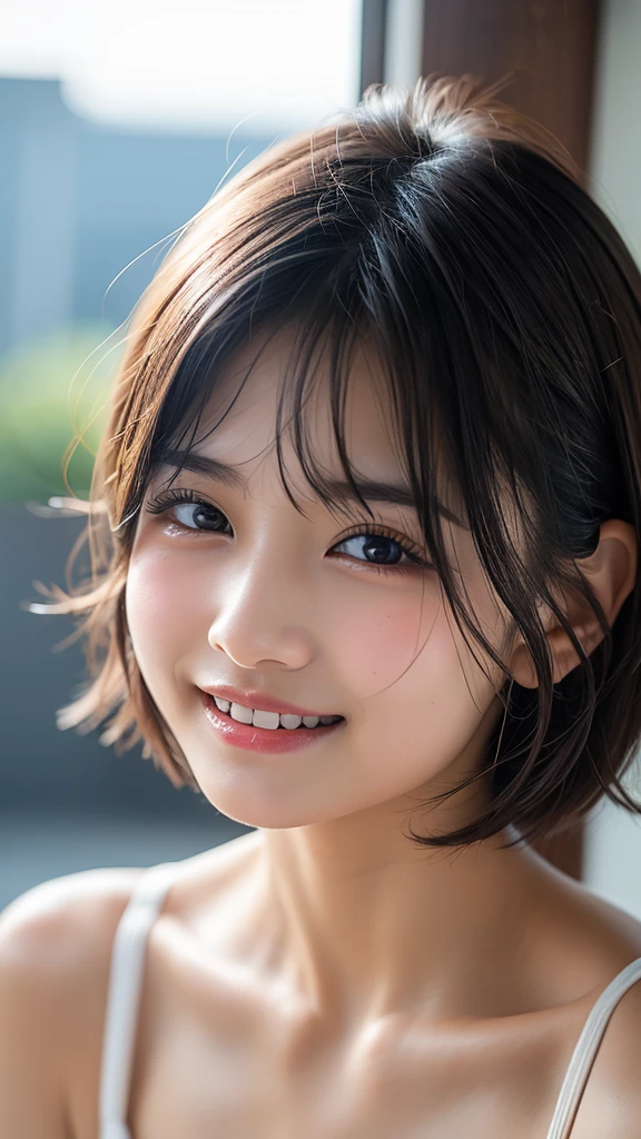 best quality, muste piece, ultra high resolution, (It's photorealistic:1.4), Raw photo, 1 girl, K deーPOP idol, short hair, slender body,Larger hoodie,detailed eyes,(realistic eyes),delicate face,realsK dein,detailed hair,Detailed sK dein,pretty face,((smiling))、((Laughter))、((You look happy, smile)),