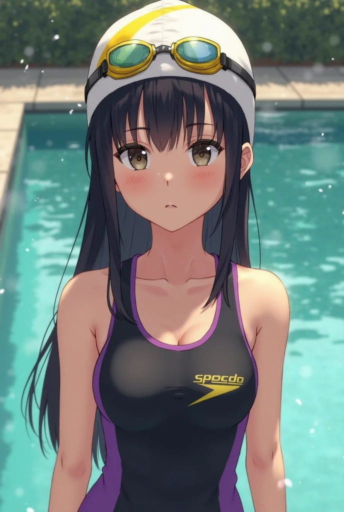 (masterpiece、Highest quality、In 8K、High resolution:1.2)、alone、One Girl、  Takina Inoue、Feeling embarrassed、blush、Purple Eyes、Look at the viewers、whole body、Transparent competitive swimsuit、Transparent racing swimsuit、Glossy body、Wet body、Daytime、Poolside、Low - Angle