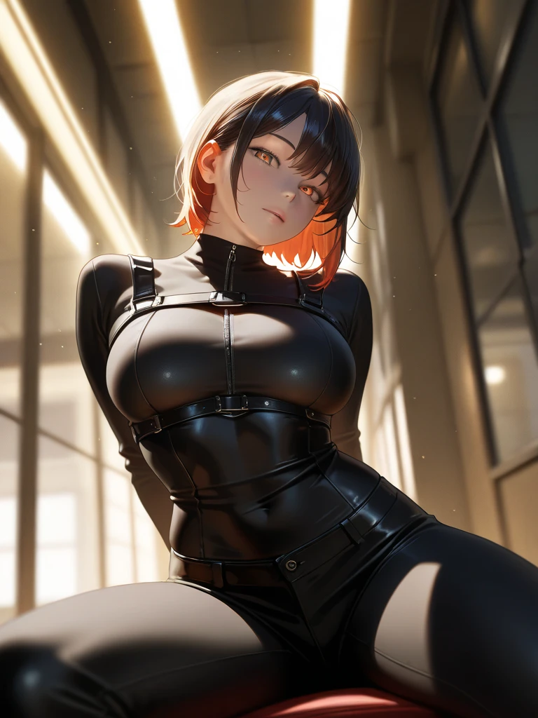 A mature woman，Height 50 meters，Short red hair is a housewife，Wear red tights，This is a superhero。perfect bodies,Beautiful face，Optimal body proportions，mediuml breasts，Between high-rise buildings，Look up，The body structure is correct，Anatomical correct，Correct ???????, highly detailed giantess shot,（slender figures）