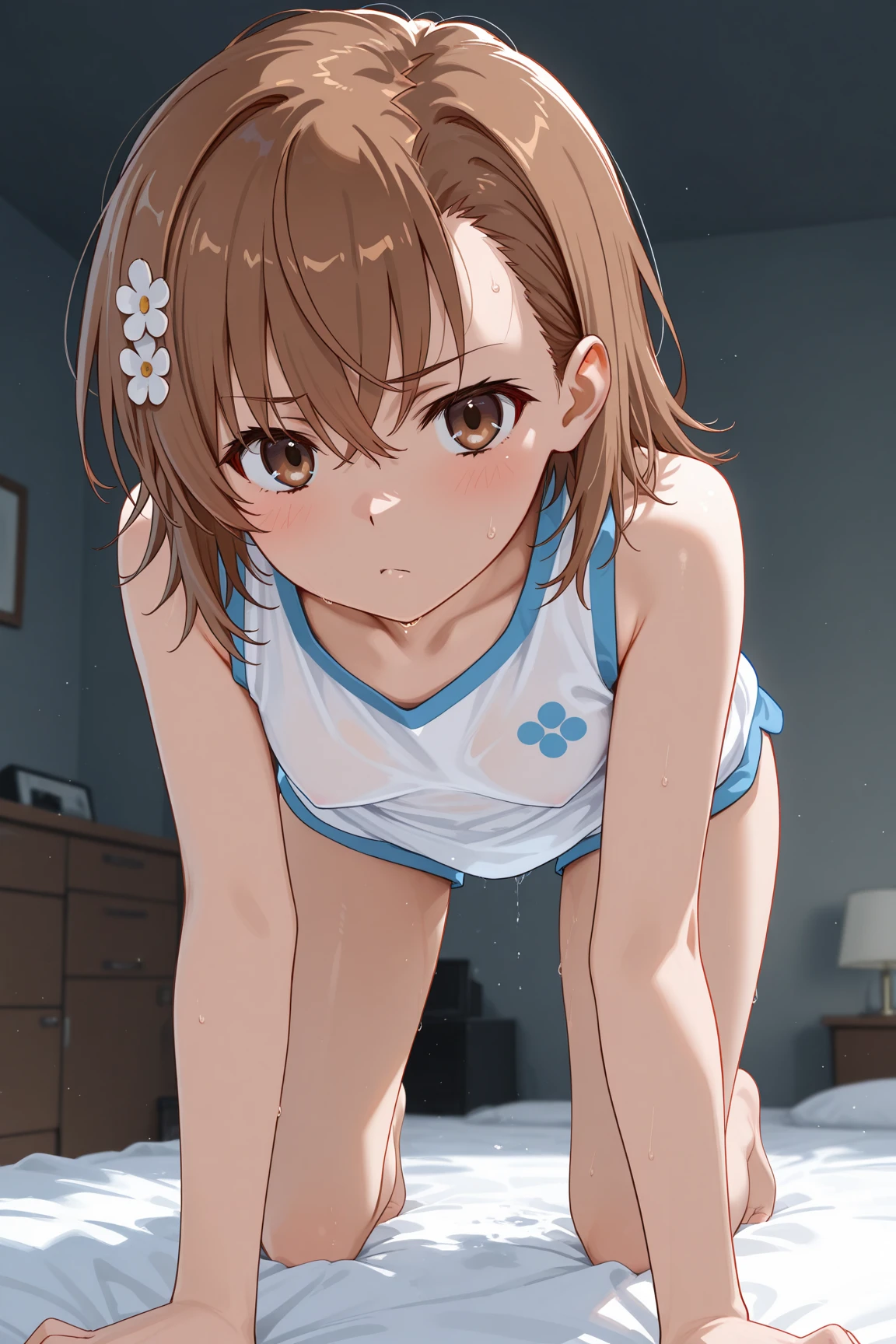 kurokoshirai, kuroko shirai, brown hair, long hair, (parted bangs:1.5), (brown eyes:1.7), Ringlet, twin tails, hair bow, bow, red bow, (Super small breasts:1.5),
break,Tokiwadai gym clothes:1.3、twin tails、
break looking at viewer, whole body,
BREAK Bedroom、
break (masterpiece:1.2), highest quality, High resolution, unity 8k wallpaper, (shape:0.8), (fine and beautiful eyes:1.6), highly detailed face, perfect lighting, Very detailed CG, (perfect hands, perfect anatomy)、Lying in bed、Sweaty、Full body portrait、Erect nipples under the costume:1.2、Lying on your back、I close my eyes and pretend to be asleep:1.3、blush:1.3、Sweaty