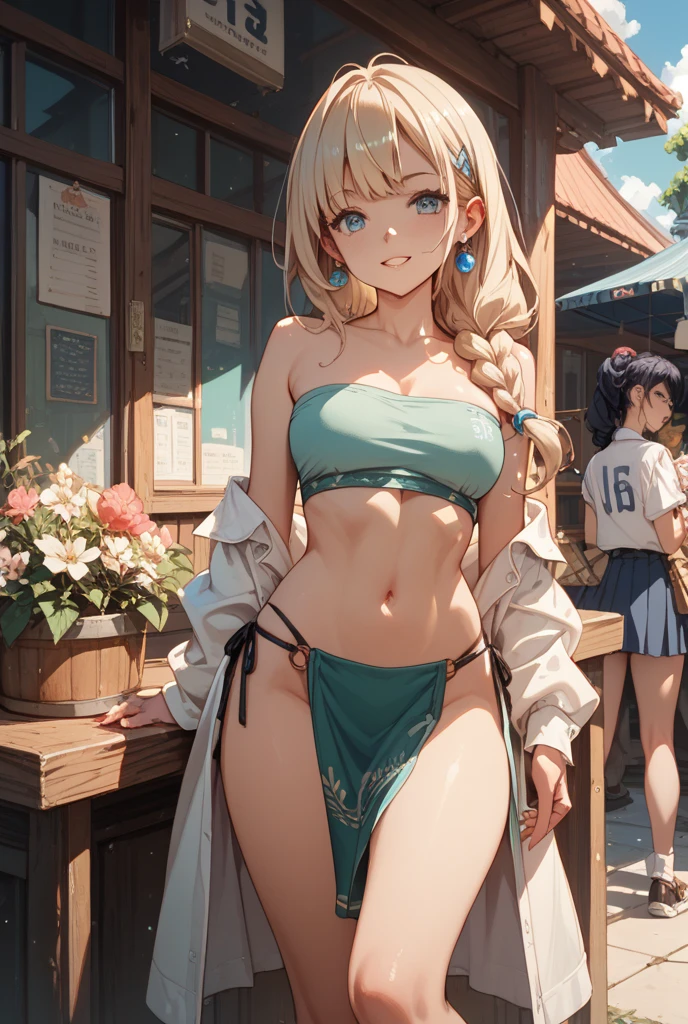 (masterpiece, Best Quality, ultra-detailed, high resolution, extremely detailed CG, official art, Professional Lighting, Perfect ???????), (from below), looking at viewer, cowboy shot, perfect body, 24yo beautiful 1girl, delicate beautiful face, Bright magenta eyes, cute eyes, sparkling eyes, (perky chest:1.1), (pointed chest:1.3), medium hips, glamorous body,a small face,beautiful-makeup,Makeup light,Shortcut Hair,dark brown hair, Amazing Cleavage:1.2,Raised sexy, small breast: 1.2 ,posed cleavage:1.2, bare legs, nail_polish, Waiting friend, (at morning:1.5), tokyo, (convenience store:1.3), outdoor, (depth of field:1.3), contrapposto, (Hold a coffee in your hand:1.3), looking at viewer,(double breasted:1.1,under bust:1.2), gap between buttons,(((Extremely short mini skirt,))) seductive weak smiling,(with sparkling eyes and a contagious smile),open mouth, Looking at Viewer,