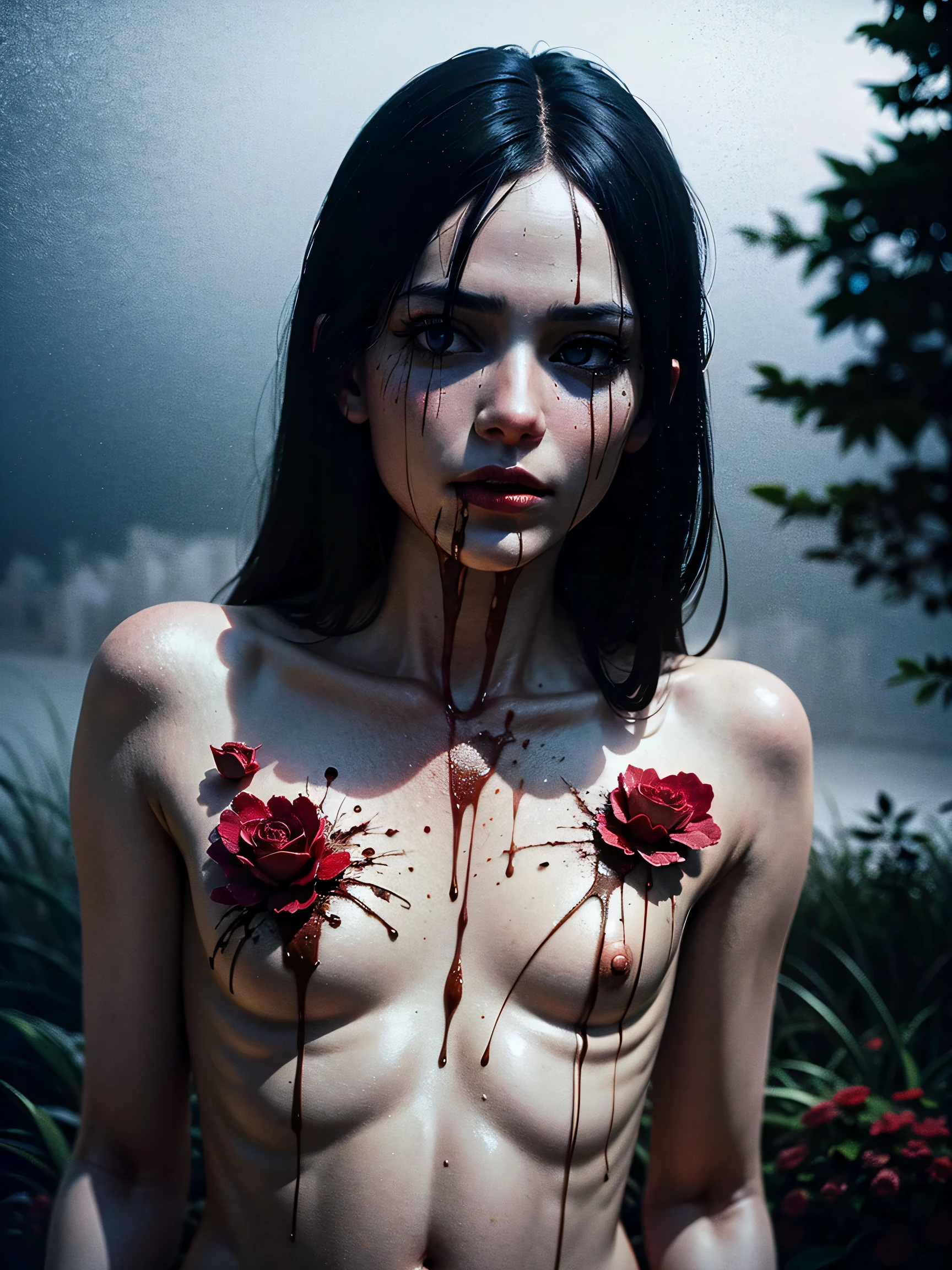 corpse, sinister, female, thin, pale, looking at the camera, ultra realistic, fully detailed, cemetery environment, bright eyes, stained with blood, bones exposed, putrid wounds, sensual, terrifying, bruised by the body, exposed fracture in the collarbone, slight smile, super detailed, white short hair, blood and wounds, stab wounds on body, dirty clothes
