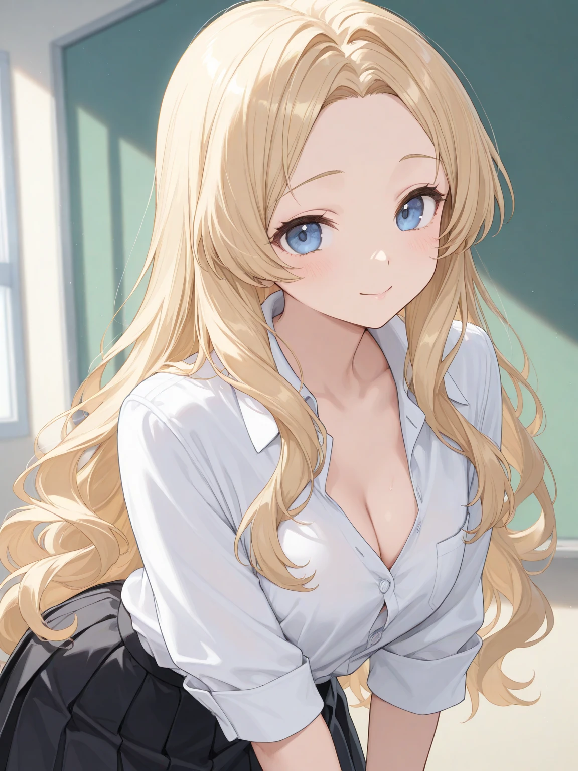 Anime blonde hair school teacher, in lingerie, in class