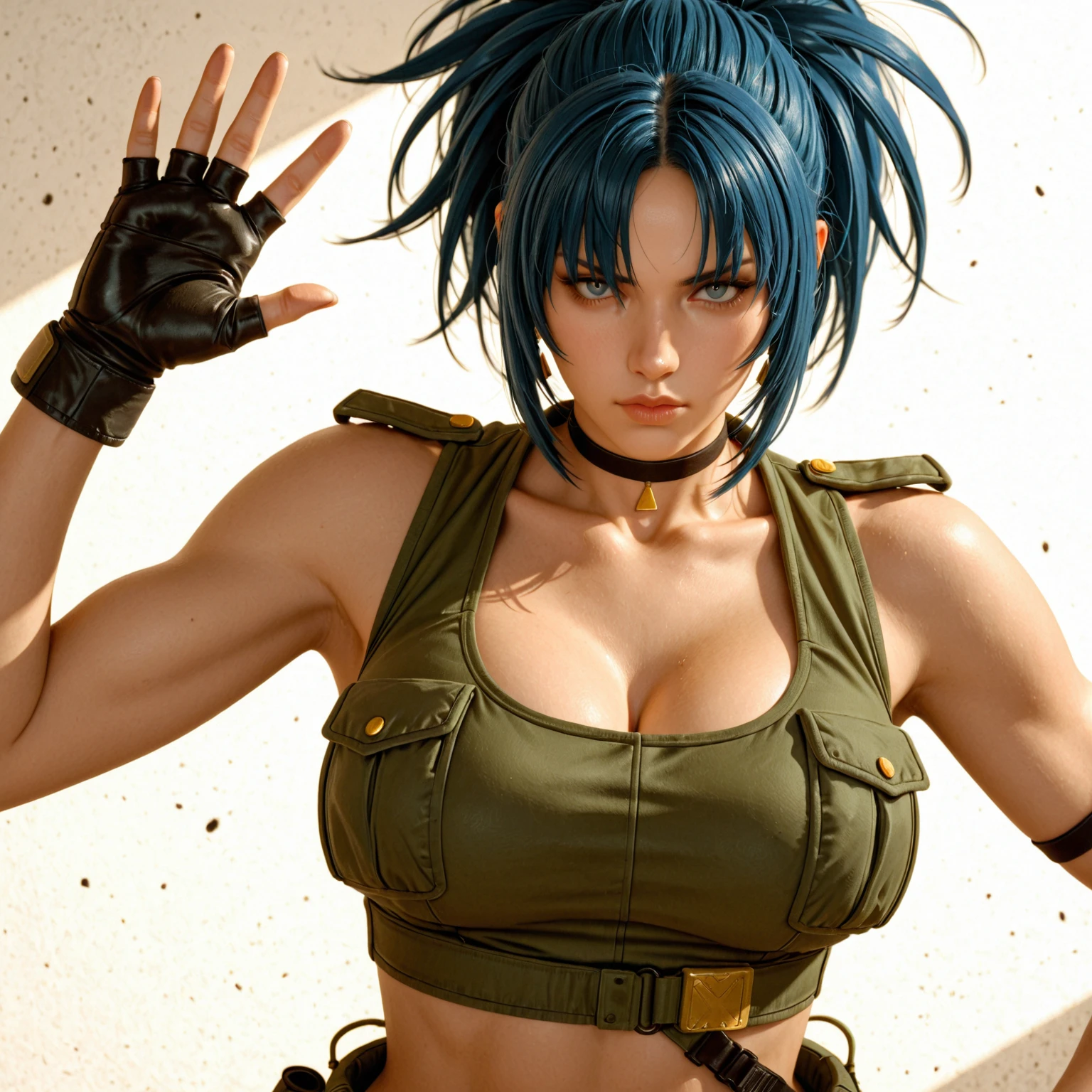 (best quality,4k,8k,highres,masterpiece:1.2),ultra-detailed,(realistic,photorealistic,photo-realistic:1.37),Ami Mizuno as a Mad Max survivor in the Westland,deserted post-apocalyptic world,dusty landscape,harsh sunlight,burning orange sky,gritty and distressed,ripped and tattered clothing,utility belt with survival tools,protective goggles covered with dust,Ami's bright blue hair flowing in the wind,determined and fierce expression,holding a modified high-tech weapon,scanning the horizon for danger,thick layers of dirt and grime on her face and hands,imposing scar across her cheek,distant ruins of a futuristic city in the background,Ami's transformation into a hardened warrior,blending her intelligence and strength,creating an iconic and empowering image,combining anime style with the gritty aesthetics of Mad Max.