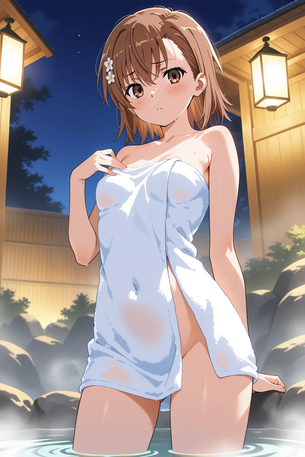 1 girl, alone, yes, breast, Brown_hair, towel, night, cover, hot spring, Smile, watching_exist_audience, blush, sitting, Brown_Eye, Outdoor activities, long_hair,  Bangs, Sky, night_Sky, moon, closure_Mouth, steam, Back, full_moon, watching_Back, Keep_towel, wet, big deal_breast, hair_between_Eye, tree, Keep, cover_breast, from_exist后面, wexister, Moderate_breast, Star_(Sky), 