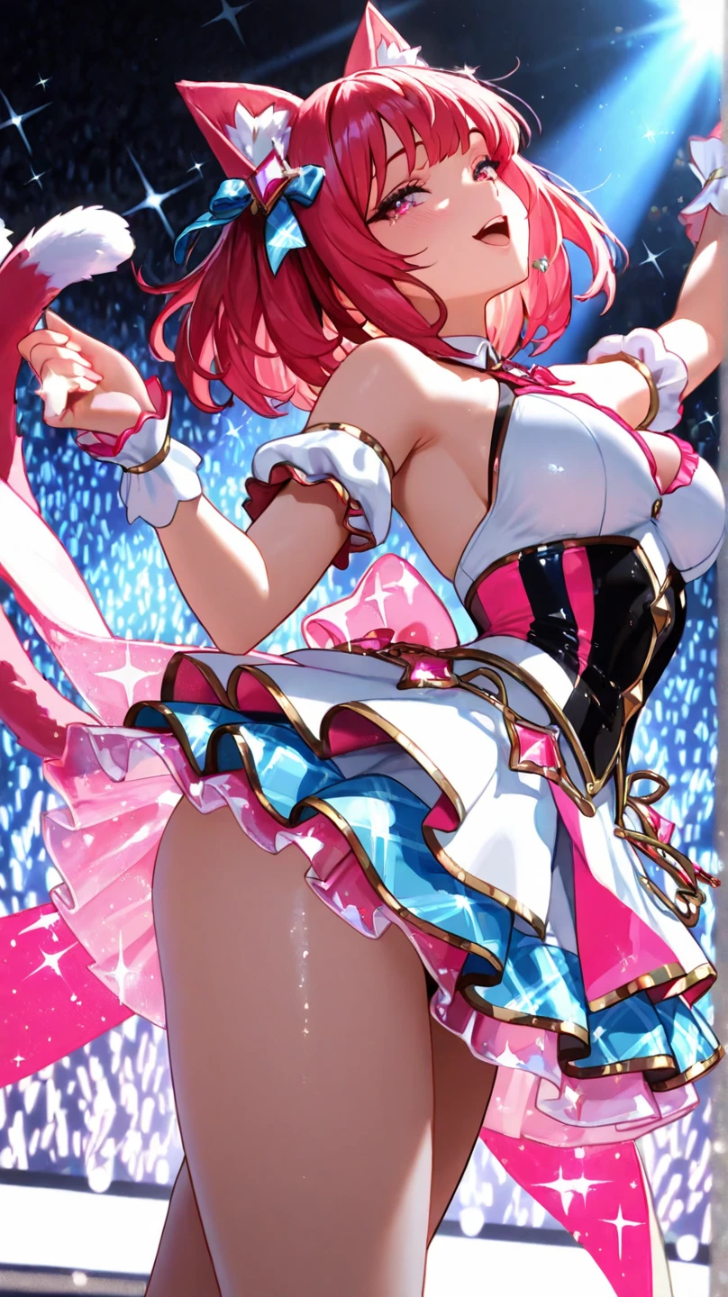 (((back view)))、(((Rainbow Magical Girl Costume)))、((Panty shot))、Beautiful Magician、short brown hair、((whole body))、(((photo taken from below)))、The background is darkness