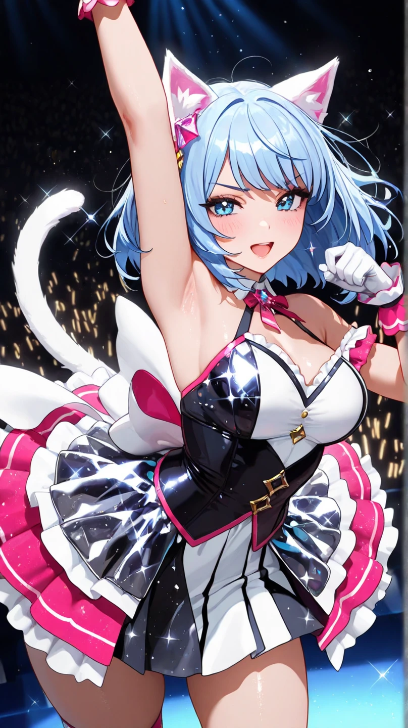(Masterpiece, Best Quality), ((1 girl, (mature woman) wide), (star-shaped pupils, +_+, symbol-shaped pupils, sparkling eyes), (cat ears, open your mouth open)), (looking at the viewer, light smile, off the shoulder), (abstract, multicolor background, abstract background, chromatic aberration),