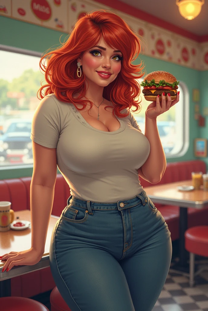 Christina Hendricks, masterpiece quality, (masterpiece quality:1.3), high res, realistic, lots of detail, alone, 1girl, (1girl:1.9), solo, in a busy restaurant, large buffet table in background, at a Golden Corral buffet, short hair, wearing choker collar, wearing black crop top, wearing blue jean miniskirt, wearing fishnet stockings, wearing g-string, thin body, (thin body:1.5), small breasts, (small breasts:1.9), lots of cleavage, smiling,
