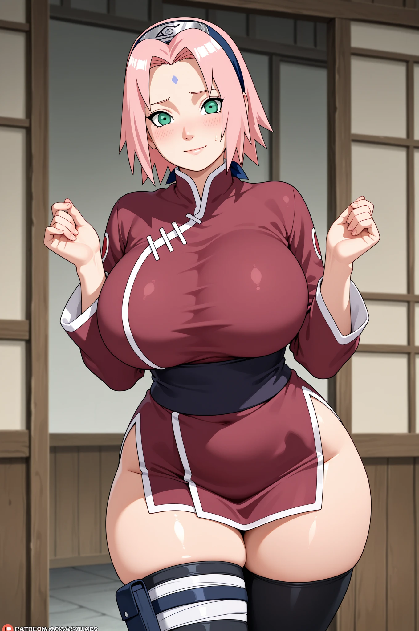 masterpiece, 4K, portrait, (Extremely detailed body, Ultra fine hair, Super detailed face), Hot topics on pixiv, kind Smile, Best of quality, anime style: 1.9, 1 Girl, Hiring, Haruno Sakura, (forehead mark, milf, Red hair band, Pale skin, short hair, , Slim figure, Slim of abdomen, Pink Hair, open mouth, big eyes), Smile, Off-shoulder, Broad of shoulders, (((Both) hands spreading to Both sides)), 1 Girl,full-body shot、Red lace bikini,( Top quality、high detail:1.4、Adds intense highlight to eyes、4、Lip Gloss), Tilt your head slightly, Lips, Lip Gloss, big eyes、eyelash、Face is a little red、embarrassing)、big eyess、Leave a very strong impression on your students、{huge|大of|hugeof|mega} breast:1.6、very 大ofger breast、Long Neck、Smile))、(Big breasts of:1.2)、Busty of big breast, bustyofbreast、(breast protrusion 1.2)、((Super huge :1.3))、(of:1.3)、beautiful of big breast、Sexy bulge