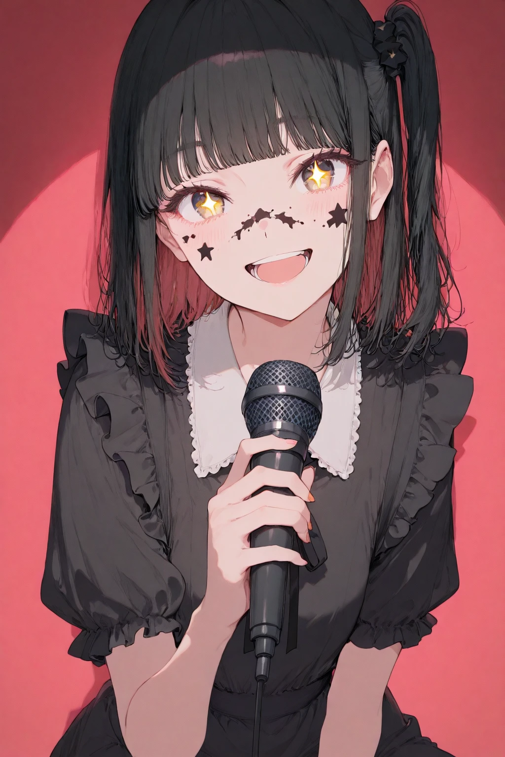 looking ahead,from above,kneeling,handjob,side view,face focus,open mouth,tongue out,cum on tongue,Licking a white dildo,(1girl,Beautiful 14 year old girl),((Slender,Small breasts,Baby Face,Small face,)),looking at viewer,Black Hair,bangs,two side up,Gray Eyes,Drooping eyes,slit pupils,narrow eyes,ollarbone,black t-shirt,off-shoulder look,Black and red checkered short skirt,Beautiful and detailed anime art,Mischievous smile,Dimly lit room,Simple Background,Gray background,Low lighting
