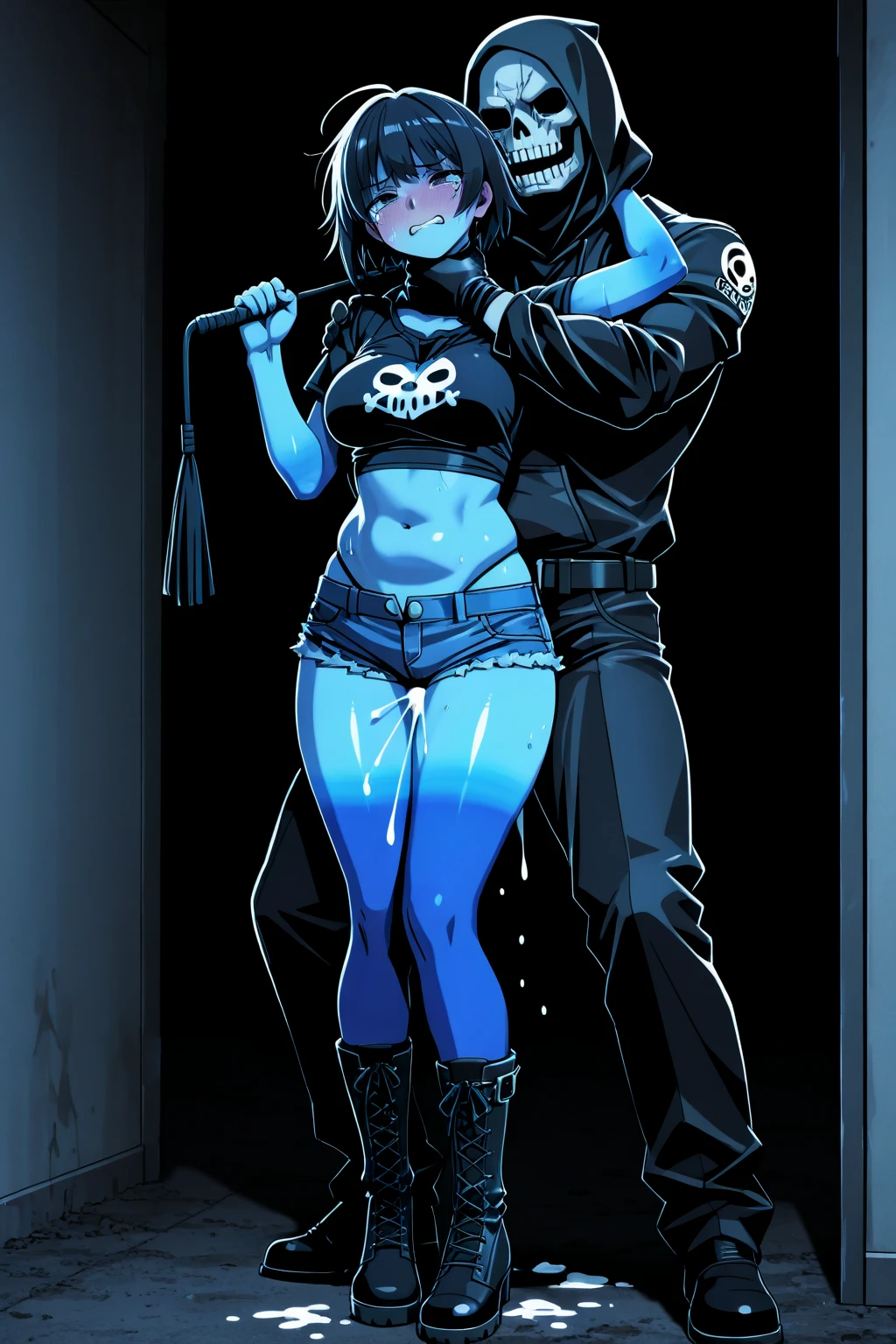(best quality, masterpiece, uncensored, high quality, ultra detailed, extremely detailed CG, beautiful face, beautiful eyes, beautiful hair), solo, (1girl, (((dark blue hair, streaked hair, Hair Flaps, braid)))), (((((frilled shirt, collar, clothing aside, see through))))), (((((extremely awesome detailed deep-silky-healthy-lackwarm-foundational-baby face))))), nsfw, peeing, pussy, skindantation, hiqcgbody, (tan), (outdoors, alley:1.2), masterpiece,best quality,(size difference:1.4),(huge male necromancer,(monster:1.3),vampire standing:1.3), meatshield style and (1girl) and (monster sex), motion lines,(suspension,reverse suspended congress),(absurd stomach bulge), collar, chain,cum, penis, tears, small breasts, nipples,large insertion,teeth, bound, bdsm,rolling eyes, vaginal,bondage,navel, tongue, open mouth, crying with eyes open, pussy, ahegao, tongue out, spread legs, (legs up),restrained, testicles,fucked silly, cuffs, nude, black collar,veins,arms up, (eerie atmosphere, horror theme), suspenders, (extremely awesom e detailed and ribbon:1.3),(extremely awesome detailed deep-silky-healthy-lackwarm-foundational-soft-skin:1.1), (extremely awesome detailed gleaming skin), (extremely awesome detailed pretty face, extremely awesome detailed eyes, extremely awesome detailed shiny hair:1.2), (embarrassed, closed mouth:1.4), extremely awesome detailed dynamic lighting, extremely awesome detailed caustic, extremely awesome detailed deep shadows,(best quality, highres, absurdres, extremely awesome detailed CG unity 8K HDR wallpaper, perfect anatomy:1.1),(extremely awesome detailed realistic, extremely awesome detailed 3d:1.0)