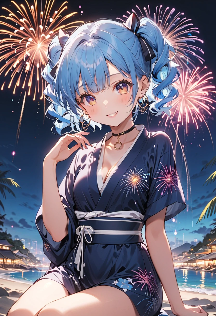 (masterpiece:1.3), (best quality:1.3), high resolution,
couboy shot,
sitting,
(one cute girl:1.3), solo,
white skin, small Breast, eight-headed person,
light blue hair, (bobbed hair:1.2), short hair, (blunt bangs:1.2), beautiful hair, blue eyes, beautiful detailed eyes,
(tongue out:1.3), heart, cheerful smile,
kimono, earrings,
indoors, (night:1.2), Fireworks in the night view, Sexy bed, night sky,
shadowlighting,