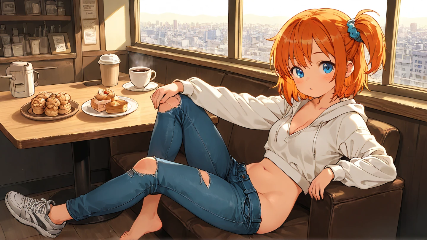 25-year-old anime girl in a white tank top, tight blue jeans and a short denim jacket in a landscape of a luxurious apartment with an orange cat on her lap and night view with a cup of tea in hand and playing with a ball of wool and a plant in the corner
