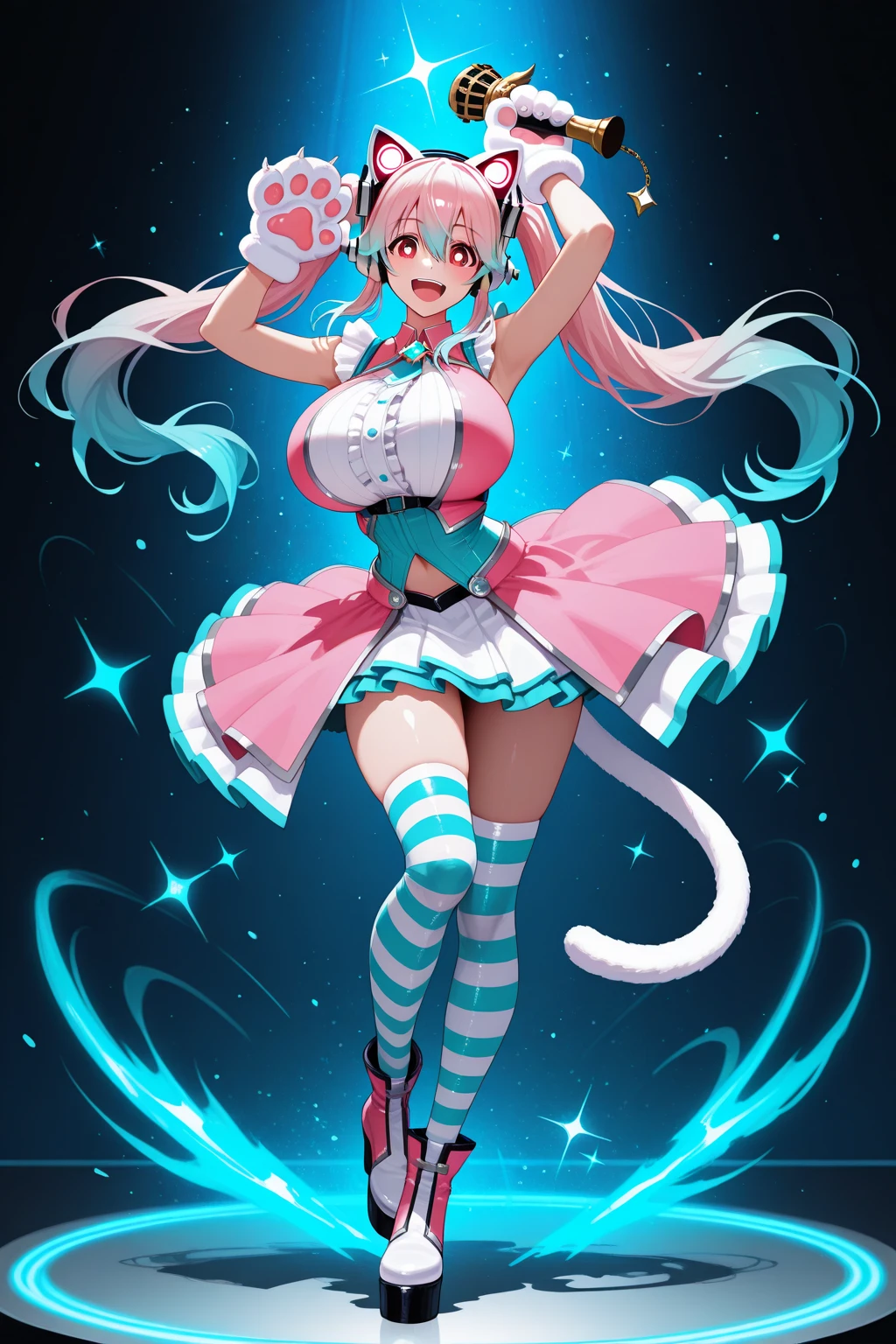 ((Full body shot: 1.5))、((One animal))、((Real female cat))、Big smile、ス??なスタイル、((The background is blurred and nothing is visible))、kpop idol costumes、Cute chibi anime sitting on a plate, long pink hair with twin tails、I have cat ears、Wear a blue mini dress, Smiling, Logo is cheap、Iridescent colors、Heavily