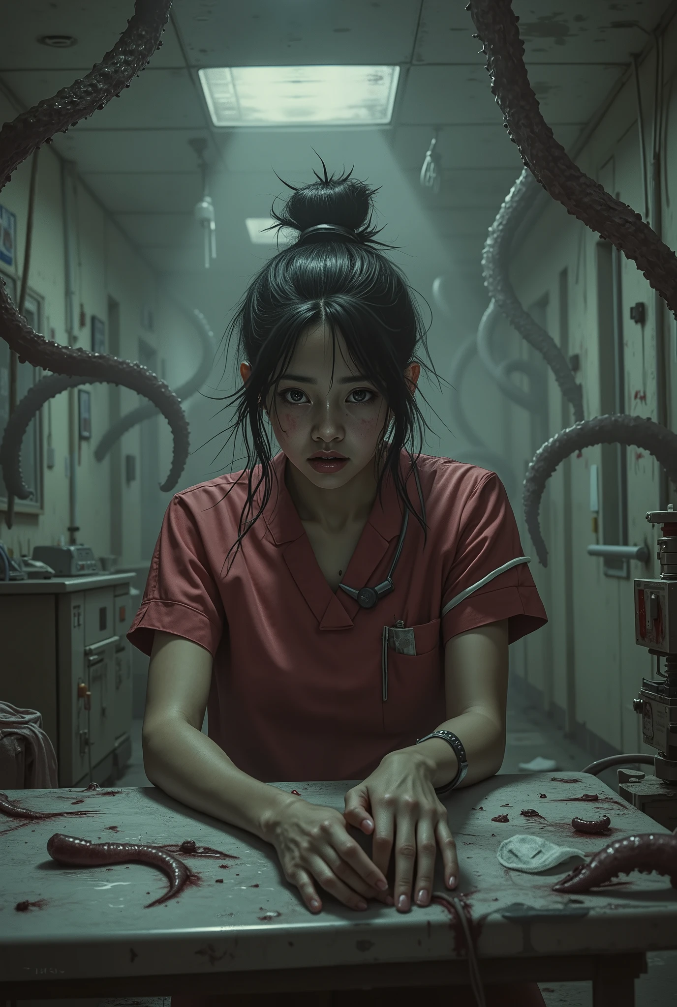 A frightened 20 year old Asian girl, beautiful face, her black hair tied in a bun, she's wearing dark red nursing scrubs and sitting at a nurses station in a dark abandoned hospital, tentacles are coming up behind her in the background as she sits unaware, Eldritch Horror, surreal, macabre, gory, high detail, masterpiece.