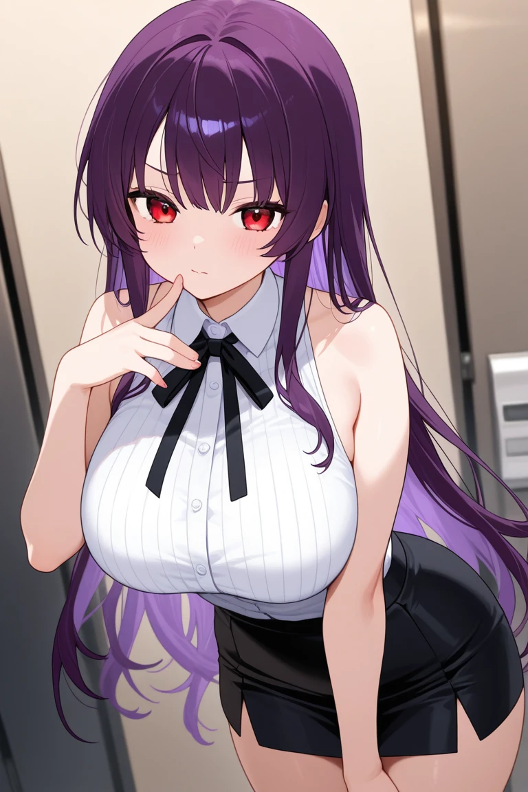 master part, best quality, circunstanciado, 1girl, arms behind back, sentado, office background, preto_aparados com pelos_casaco, preto_aparados com pelos_Mangas, preto_pele_colar, preto_aparados com pelos_suit jacket,preto_pele_casaco, preto_aparados com pelos_cabo, camisa branca, preto_Luvas, franja, corar, corno, halo, cabelos longos, Olhando para o Viewer, Compreender, Middle breast, sorrir, sozinho, venusbody