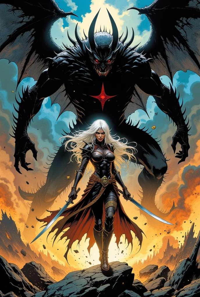 A fierce mutant level boss in a fantasy action game, Sharp teeth and claws, long arms and huge hands with demon claws, skin black, Eyes red, demonic appearance, futuristic armor with torture elements, hooks and spikes intertwined throughout the body, spiky and uneven hair like in the manga, action pose, fury, speed, attacking the spectator, grotesque horror dinner, In the background, an inland city in Japan at night, Moon in starry sky