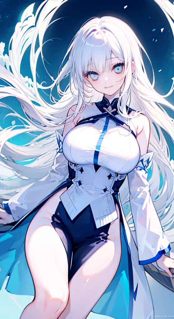 Blue woods at night，Fireflies fly by the lake。In the picture, a girl stands quietly，She has blue eyes and rendered white hair，Coiled French braid and ponytail。She has exceptionally long fleshy hair and side locks，Floats in the wind。She closed her mouth and smiled，The divine light radiated。The graphic style is anime realistic，Has chromatic aberrations and shadows，It's a piece of high detail、high qulity、Anatomically correct masterpiece。