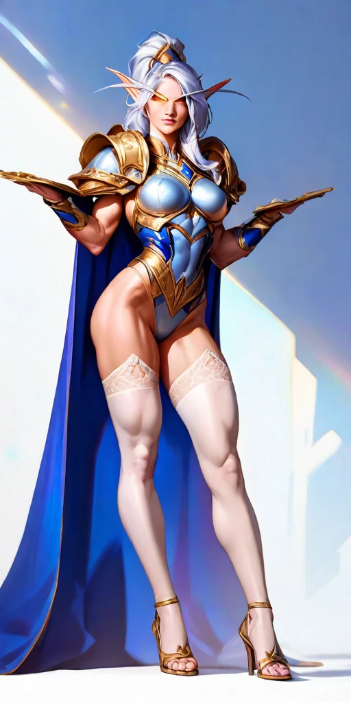 extremely long hair , ponytail, perfect anatomy 1 girl tall solo, slim thick, ((muscular)) high elf toned body, silver breast plate, blue cape, slendered abs, hourglass waist, detailed face, defined cheekbones, puffy lips, gauntlets, gold crown, shadow over eyes, looking at viewer, masterpiece, white thigh highs lingerie,