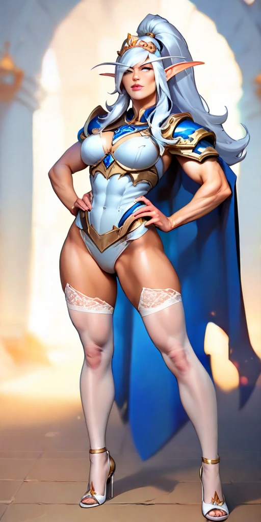 extremely long hair, ponytail, perfect anatomy 1 girl tall solo, slim thick, ((muscular)) high elf toned body, silver breast plate, blue cape, slender abs, hourglass waist, detailed face, defined cheekbones, puffy lips, gauntlets, gold crown, shadow over eyes, looking at viewer, masterpiece, white thigh highs lingerie, lustful smirking smile face red blushed red cheeks, 2 high heels feet together