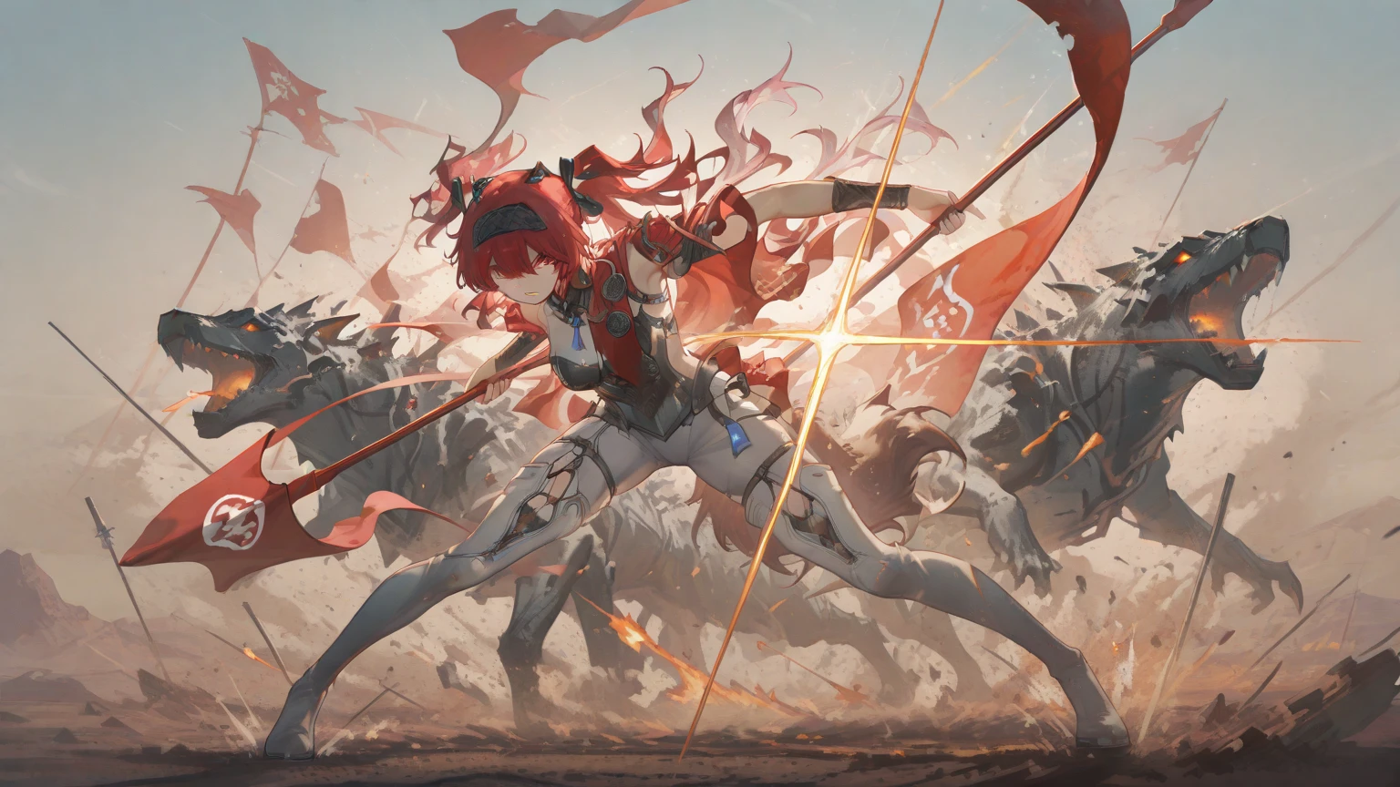 berserker, best quality, super detailed, Illustration, Super Detailed Face, Wild, 30 years old, adult woman, angry, bandaged, scar, messy red hair, Wild costume, Pelzmantel, Long Boots, Lower abdomen tattoo, Hunting knife, Pelzschmuck, Intricate detailing