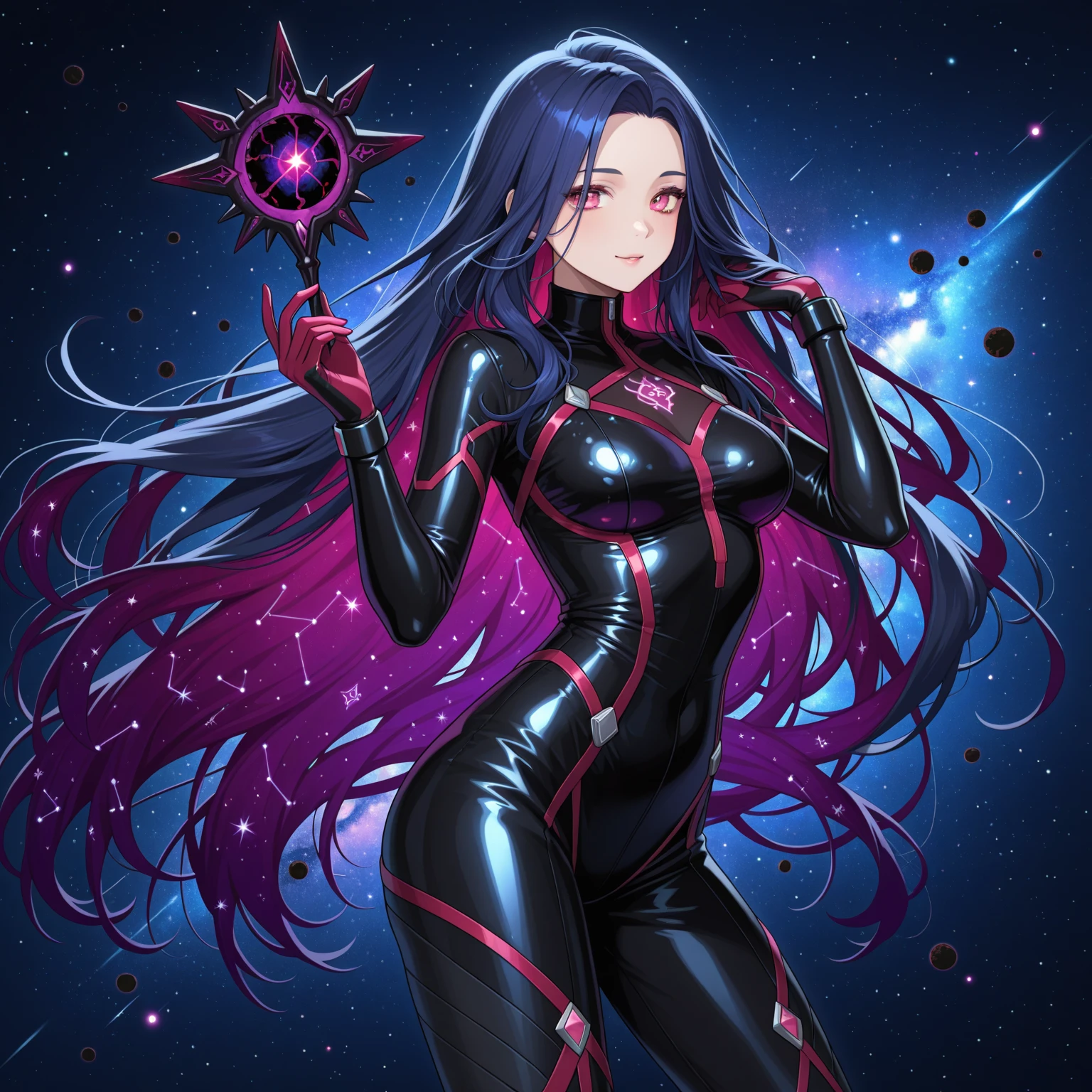 Adult height of the second dimension is 198cm,Measurements for female: B128W68H98,Standing in a huge cosmic purple, blue and black spiral galaxy,Wearing a long bodysuit,Holding the M87 Black Hole,Extra long purple hair