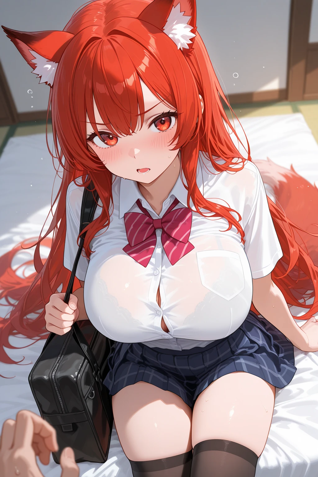 ((schoolgirl)), ((anime)), 1girl, long hair, red hair, hime cut, 2 sidelocks, stern expression, dark blue eyes, fair skin, big breasts, honor student