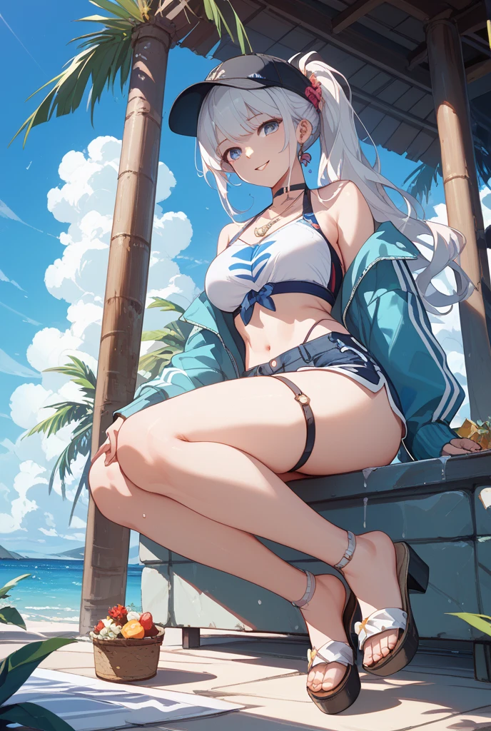 Highest quality:1.1)、(masterpiece:1.2)、(solo)、Close-up、Watching the viewer、Ocean、summer、Swimwear,Flowing sweat,Silver Hair,Girl,whole body,,Toned legs,hoodie,sunglasses,blue sky