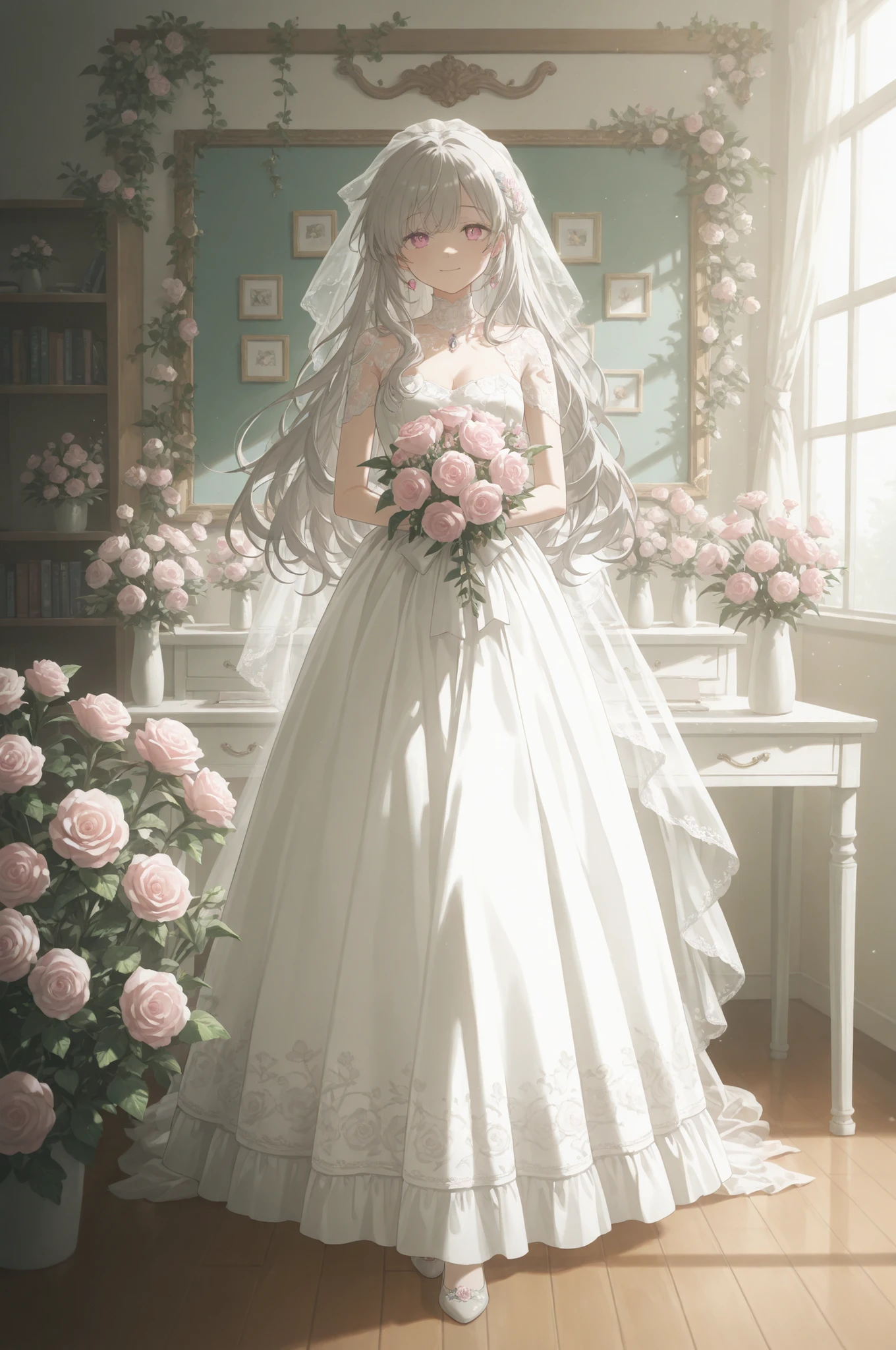 1girl, elegant long color wedding dress with lace and floral embroidery, holding a vibrant bouquet of colorful flowers, silver hair, soft pink eyes, gentle smile, standing in a blooming garden filled with roses and hydrangeas, surrounded by arched trellises and hanging vines, sunlight filtering through leaves, vintage study desk and bookshelf in the background, fairytale atmosphere, richly detailed illustration, soft watercolor tones